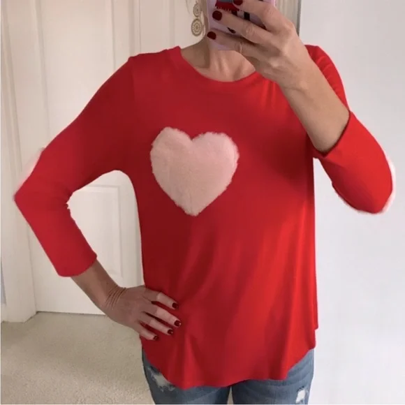 Red, Fuzzy Heart Long Sleeve Top - Picture 4 of 6